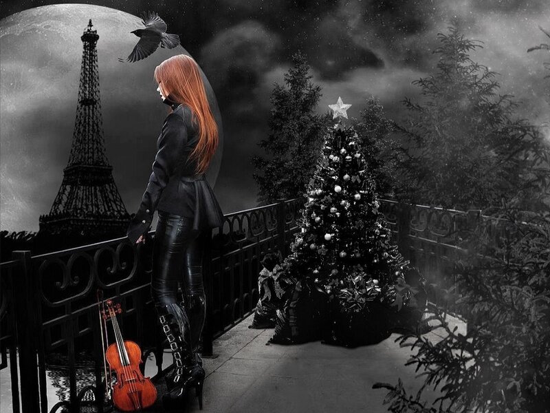 Woman with Violin — Black, Dramatic, Night, Digital Art, Eiffel Tower