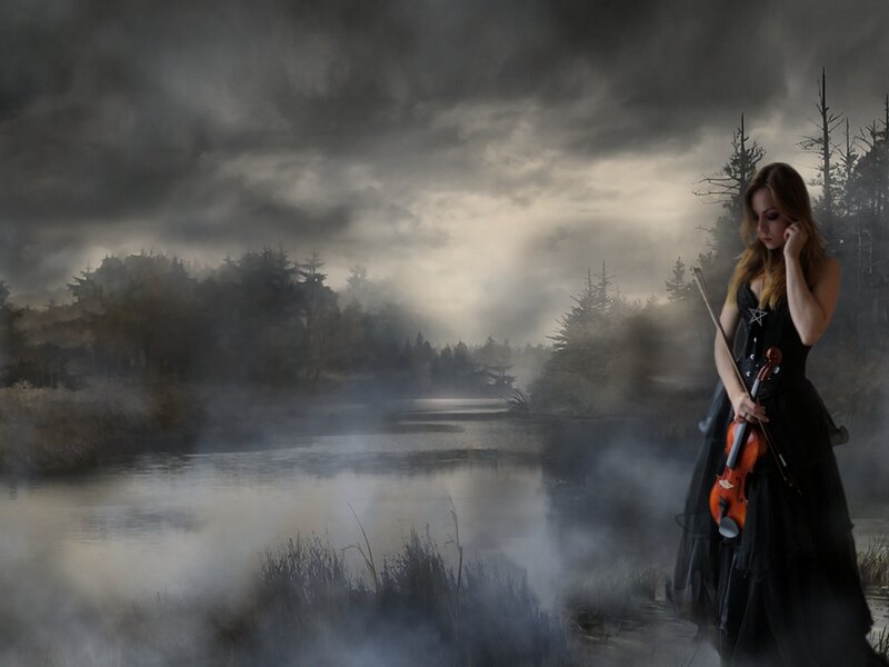Woman with Violin — Black, Dramatic, Night, Digital Art, Forest