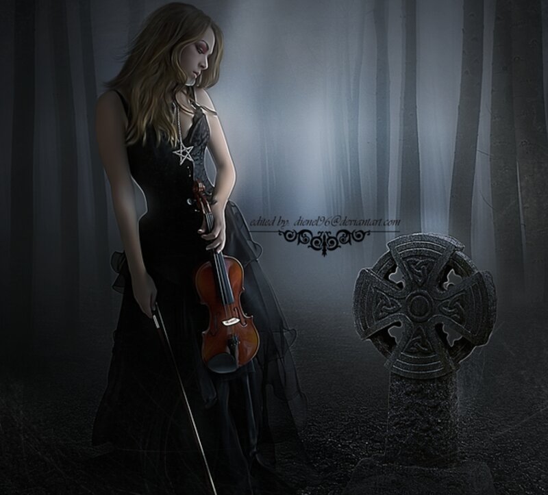 Woman with Violin — Black, Dramatic, Night, Digital Art, Gravestone