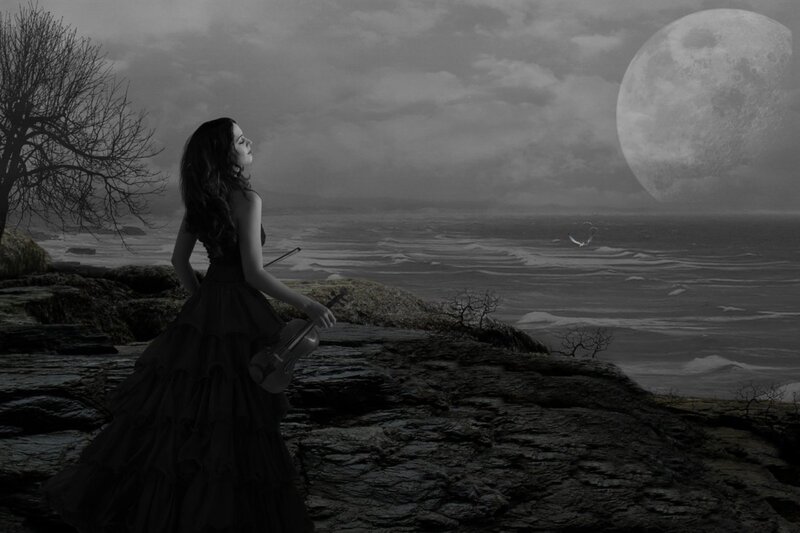 Woman with Violin — Black, Dramatic, Night, Digital Art, Moon