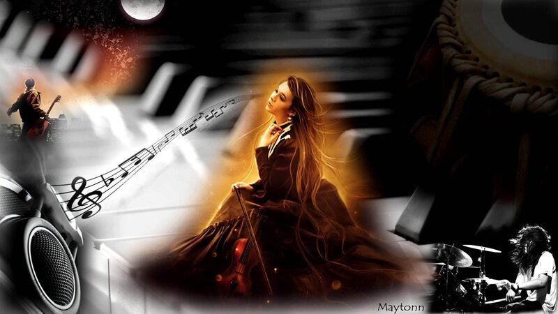 Woman with Violin — Black, Dramatic, Night, Digital Art, Music Notes