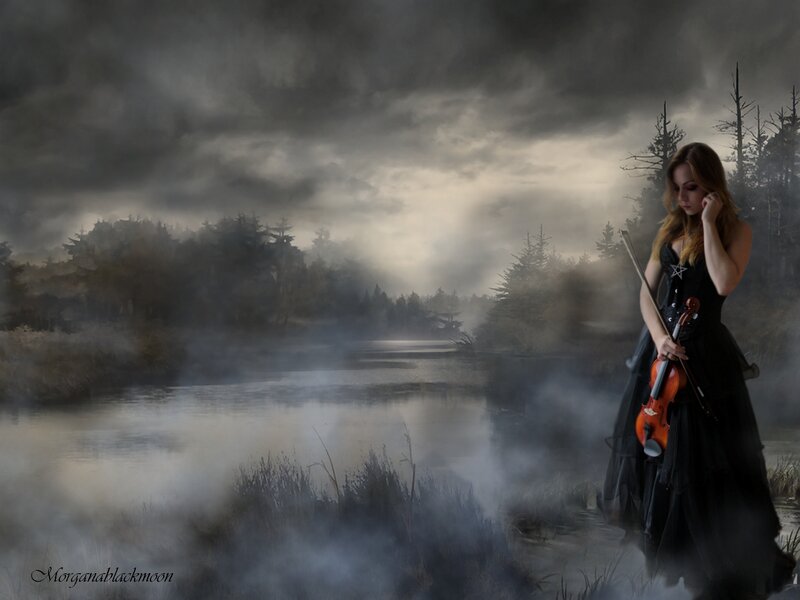Woman with Violin — Black, Dramatic, Night, Digital Art