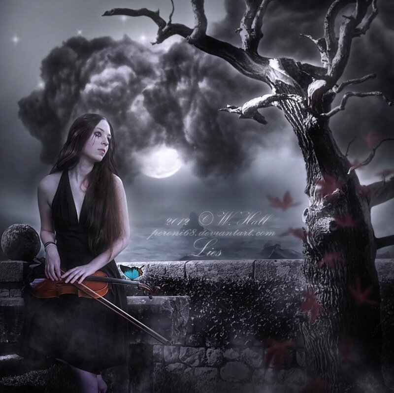 Woman with Violin — Black, Dramatic, Night, Digital Art, Tree