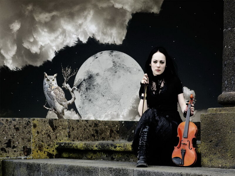 Woman with Violin — Black, Dramatic, Night, Photograph