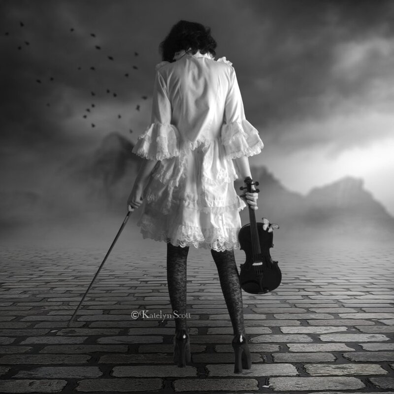 Woman with Violin — Black, Dramatic, Photograph, Bow