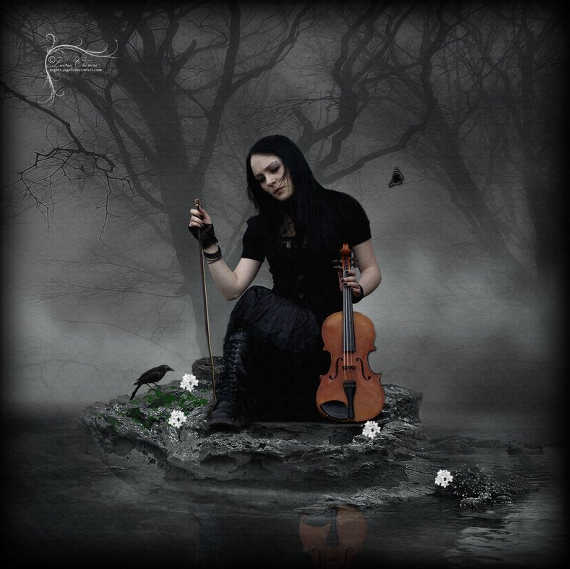 Woman with Violin — Black, Melancholic, Night