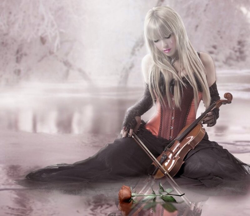 Woman with Violin — Black, Melancholic, Winter