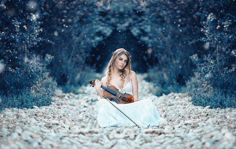 Woman with Violin — Blue, Serene, Winter