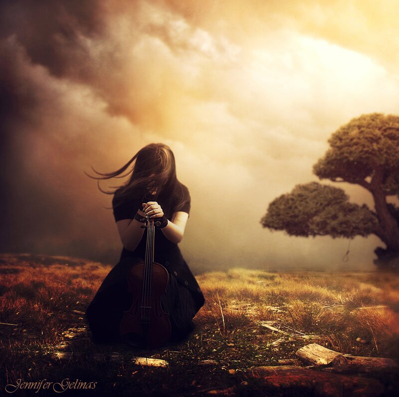 Woman with Violin — Brown, Dramatic, Sunset, Digital Art