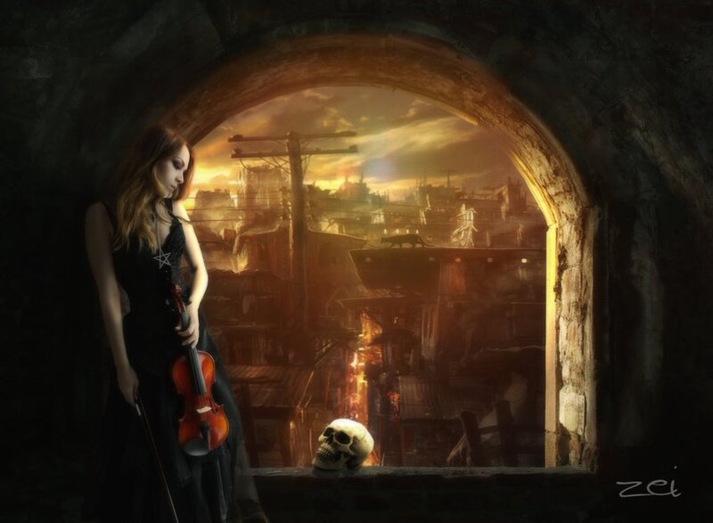 Woman with Violin — Brown, Dramatic, Sunset