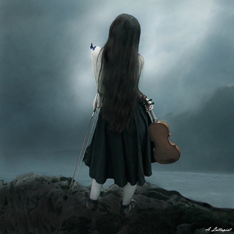 Woman with Violin — Gray, Dramatic, Digital Art, Bow