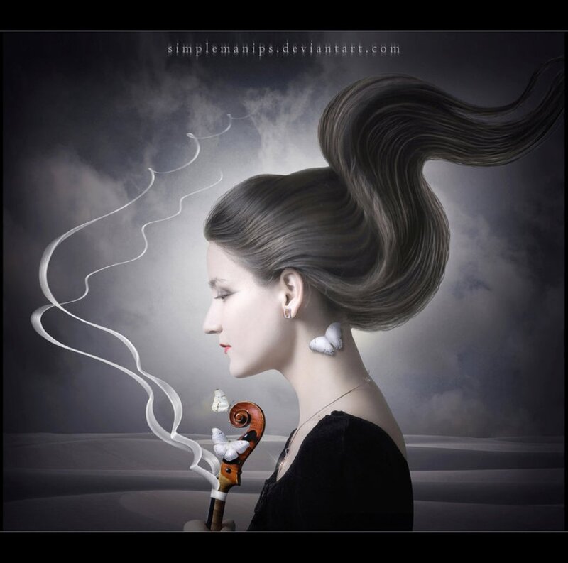 Woman with Violin — Gray, Dramatic, Digital Art