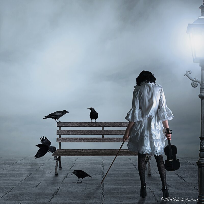 Woman with Violin — Gray, Dramatic, Night