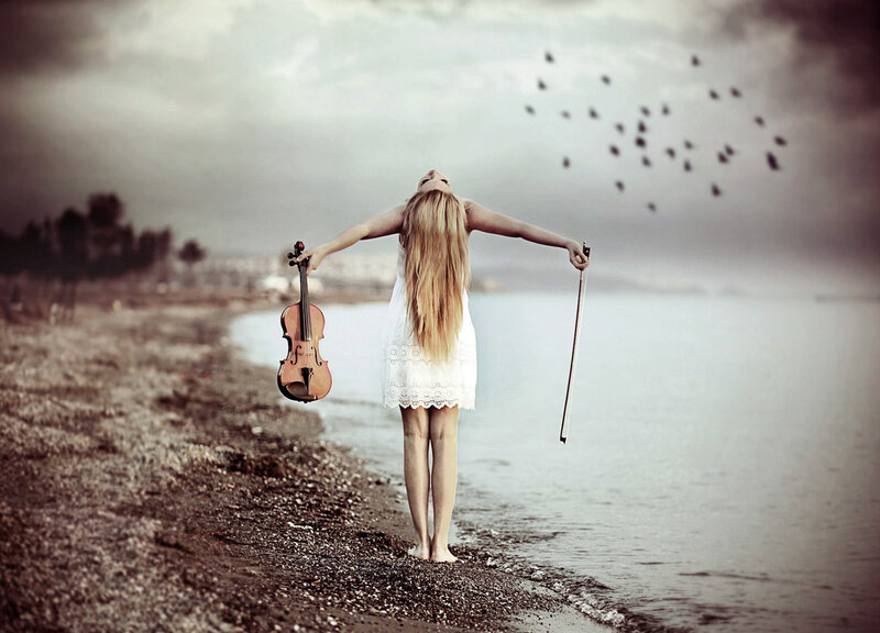 Woman with Violin — Gray, Dramatic, Photograph, Bow