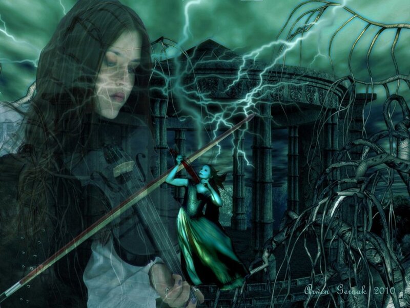 Woman with Violin — Green, Dramatic