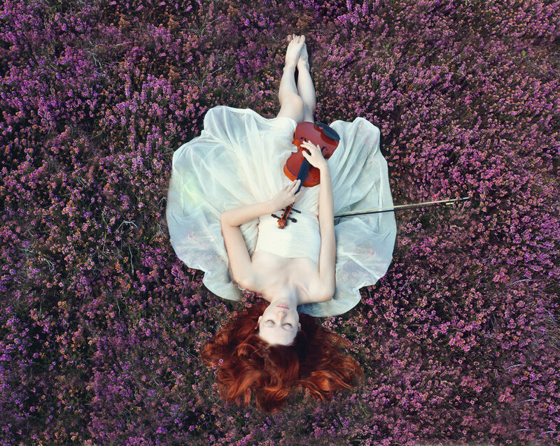 Woman with Violin in Field — Purple