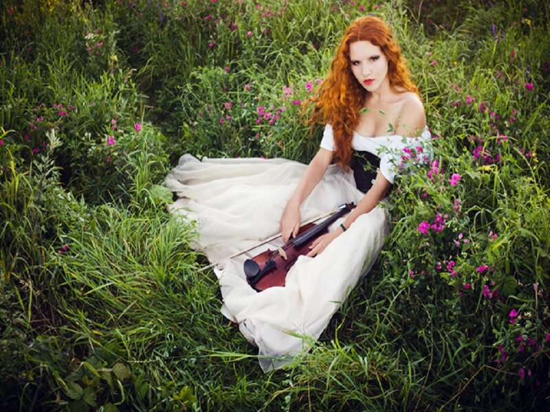 Woman with Violin in Field — White