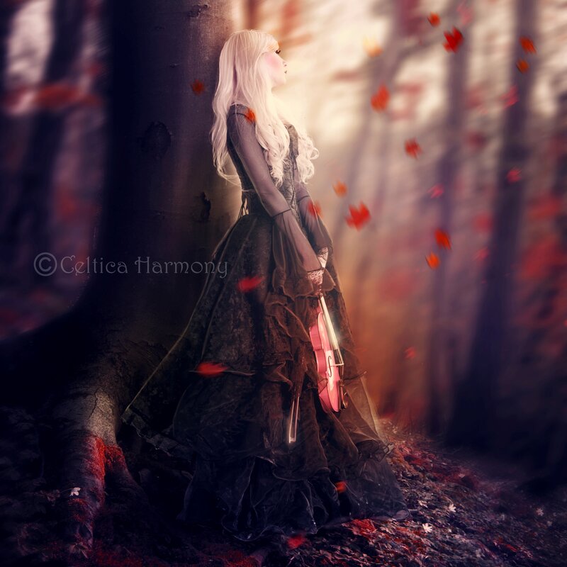 Woman with Violin in Forest — Black, Dramatic