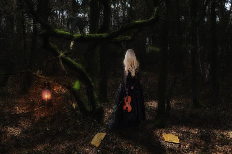 Woman with Violin in Forest — Black