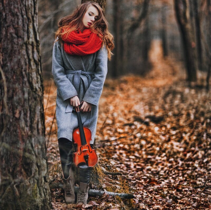 Woman with Violin in Forest — Gray