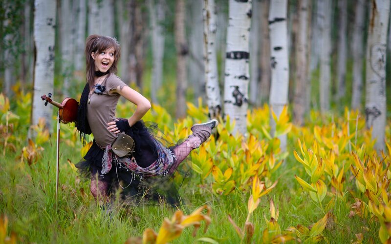 Woman with Violin in Forest — Green, Playful, Autumn