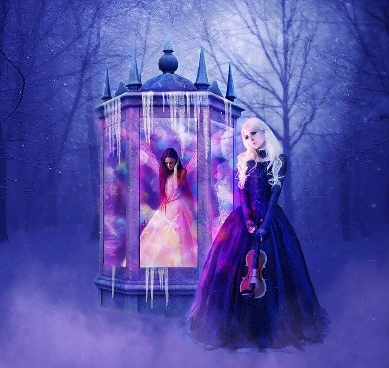 Woman with Violin in Forest — Purple