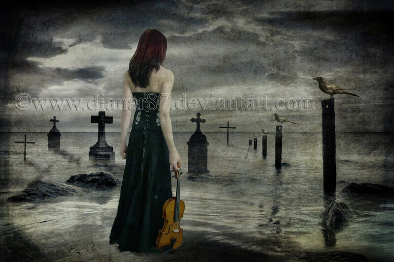 woman with violin in graveyard