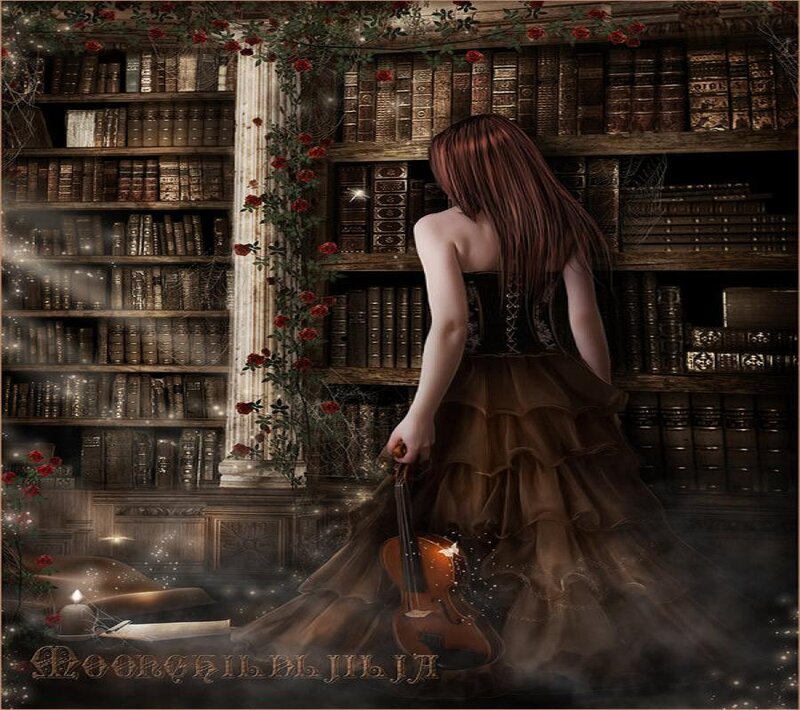 Woman with violin in library