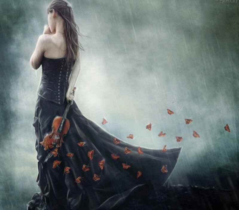 Woman with Violin in Rain