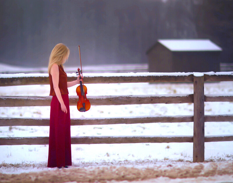 Woman with Violin in Snow — Red