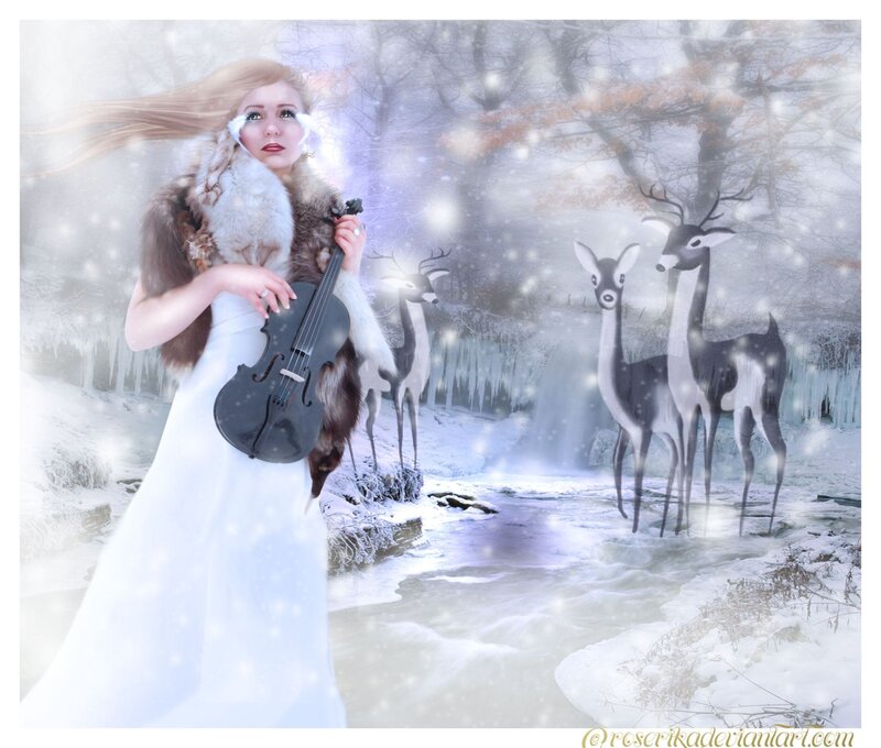 Woman with Violin in Snow