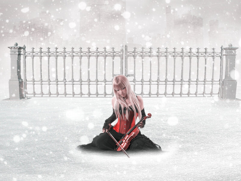 Woman with Violin in Snow — White
