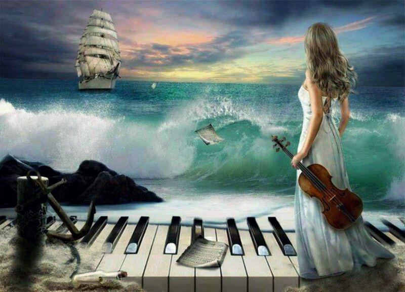 Woman with Violin on Beach — Blue, Dramatic