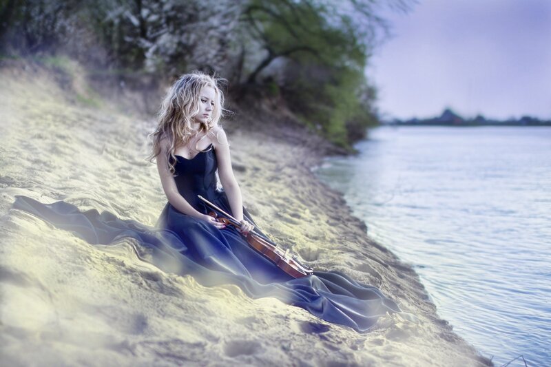 Woman with Violin on Beach — Blue, Serene