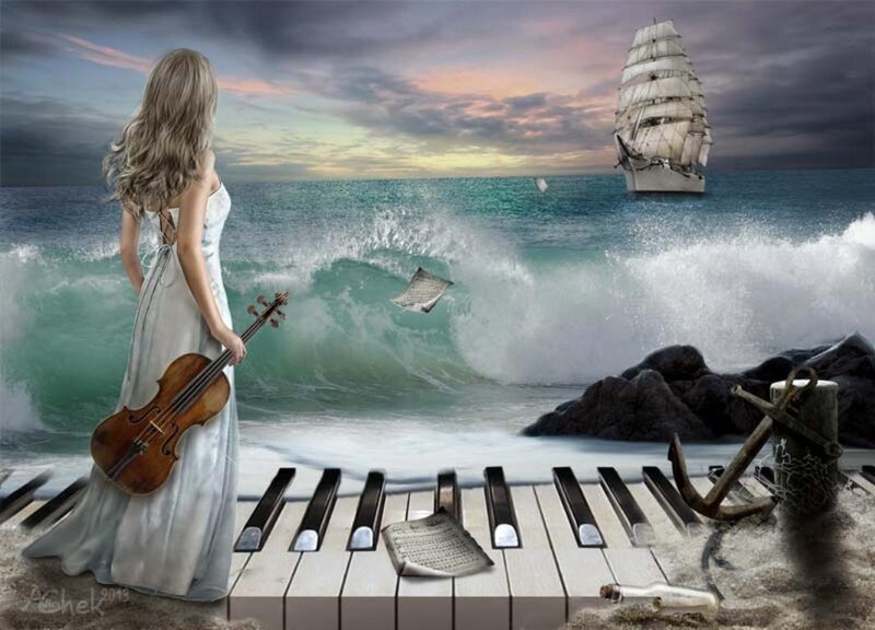 Woman with Violin on Beach — Blue