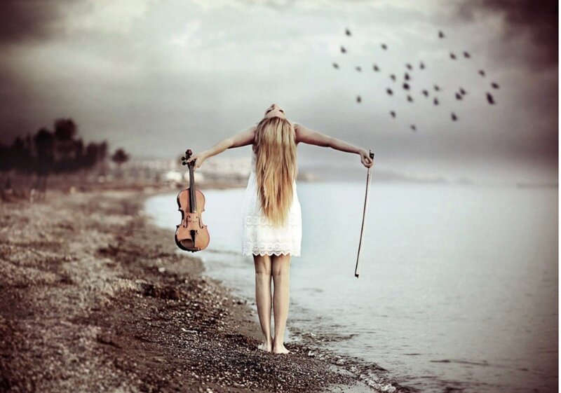 Woman with Violin on Beach — White, Dramatic