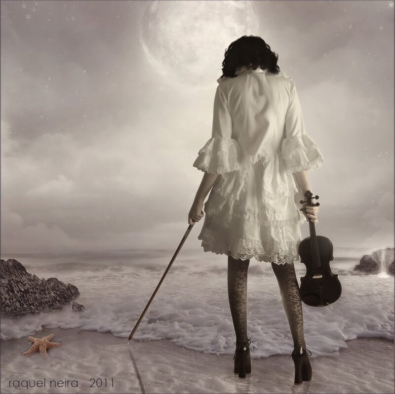 Woman with Violin on Beach — White