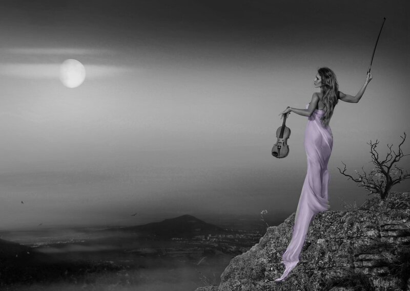 Woman with Violin on Cliff — Gray