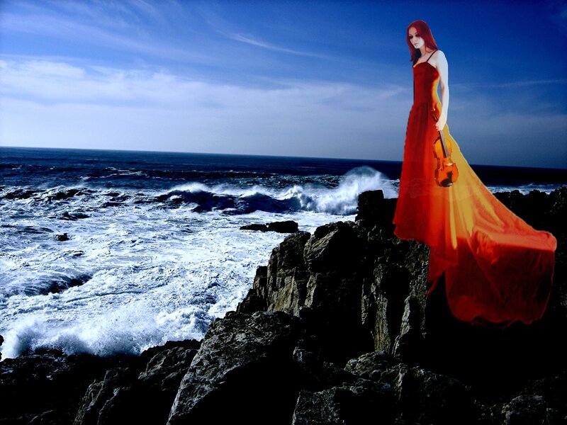 Woman with Violin on Cliff