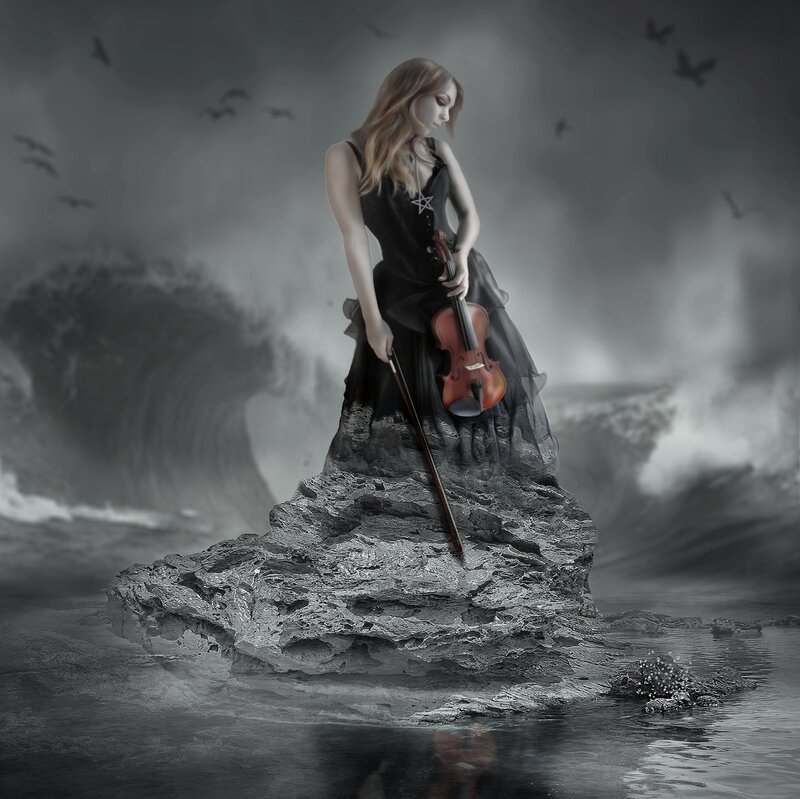 Woman with Violin on Rock