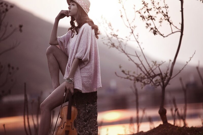 Woman with Violin — Pink, Serene, Sunset