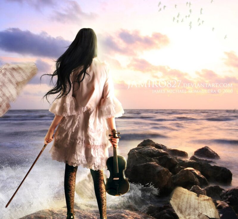 Woman with Violin — Pink, Serene