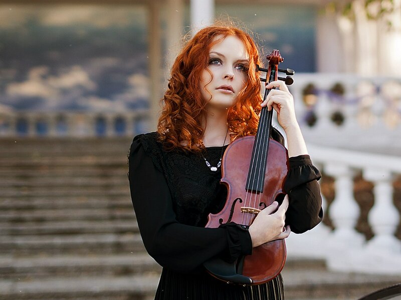 Woman with Violin — Red, Dramatic, Afternoon