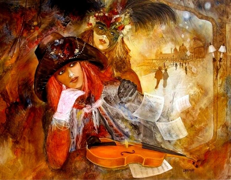 Woman with Violin — Red, Dramatic, Painting