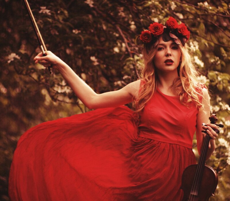 Woman with Violin — Red, Dramatic, Spring