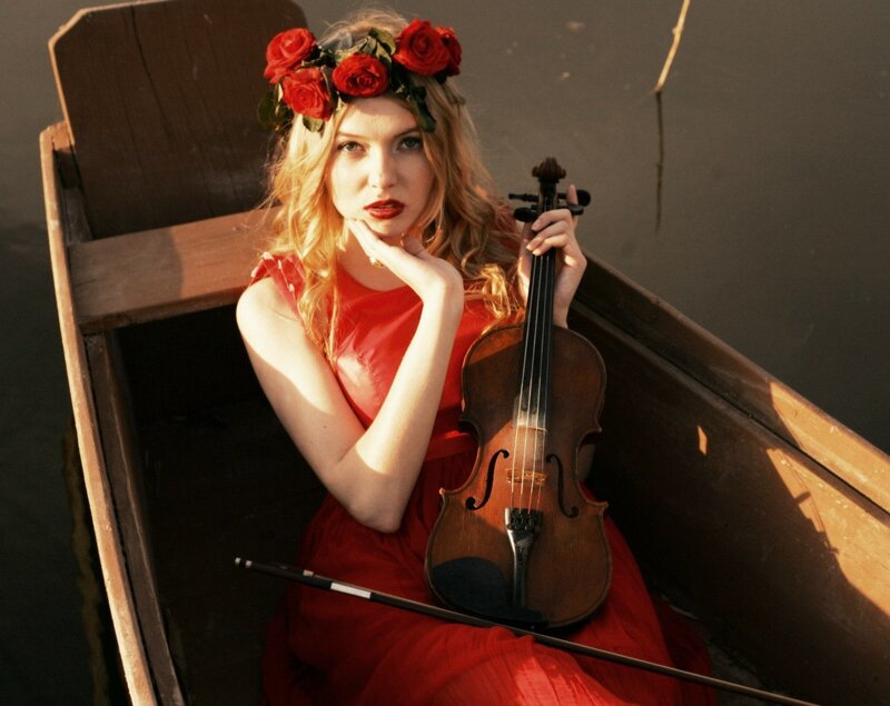 Woman with Violin — Red, Dramatic, Sunset