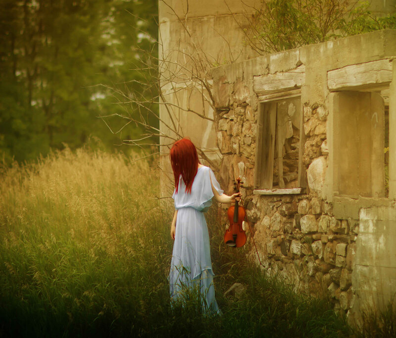 Woman with Violin — Red, Melancholic