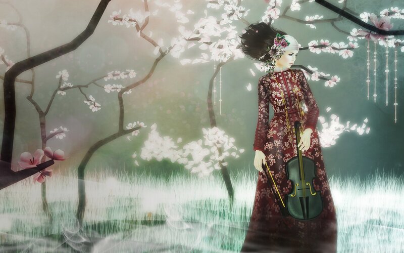 Woman with Violin — Red, Serene, Spring, Digital Art