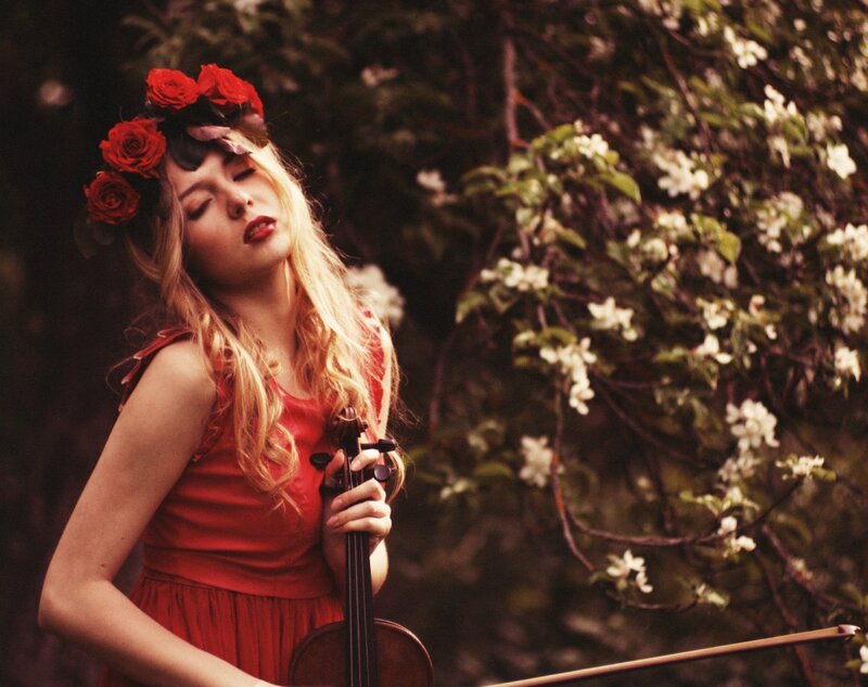 Woman with Violin — Red, Serene, Spring, Photograph