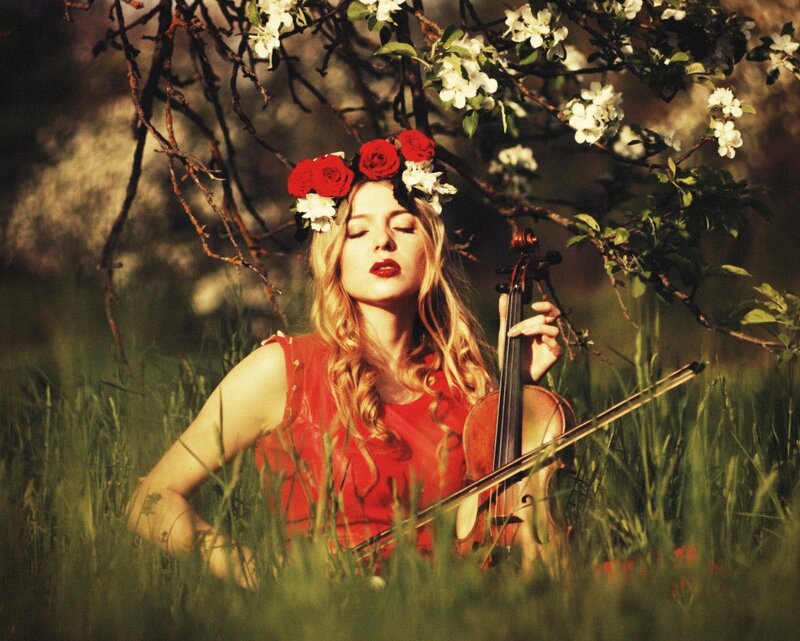 Woman with Violin — Red, Serene, Spring